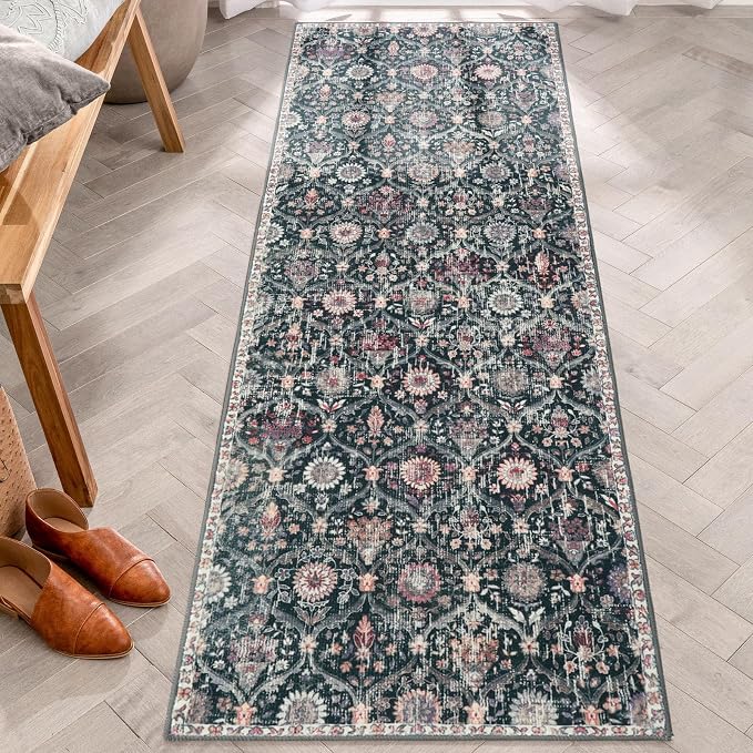 Lahome Moroccan Washable Runner Rug, 2x6 Kitchen Runners for Hallways | 6 Feet Non Slip Trellis Vintage Laundry Room Rug Ultra-Thin Carpet for Bathroom Bedroom Entryway Elise, Black Multi