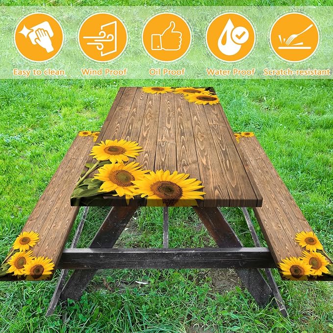 Picnic Table Cover with Bench Covers 6FT Sunflower Waterproof Fitted Picnic Table Cloths Wood Texture Outdoor Elastic Picnic Tablecloth Outdoor Camping Essentials(3pcs-72")
