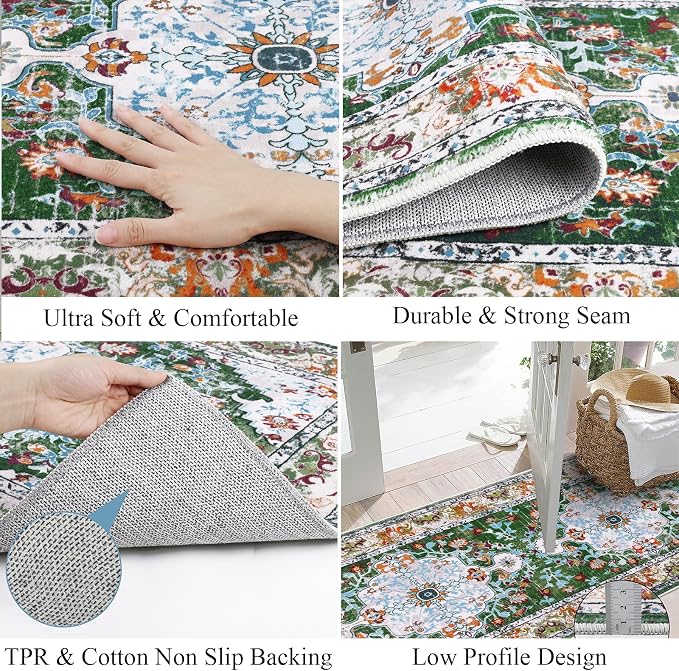 U'Artlines 2'x14' Boho Hallway Runner Rug Non Slip Washable Runners,Green | Vintage Farmhouse Kitchen Rug Accent Area Carpet for Entryway, Dining Room and Living Room
