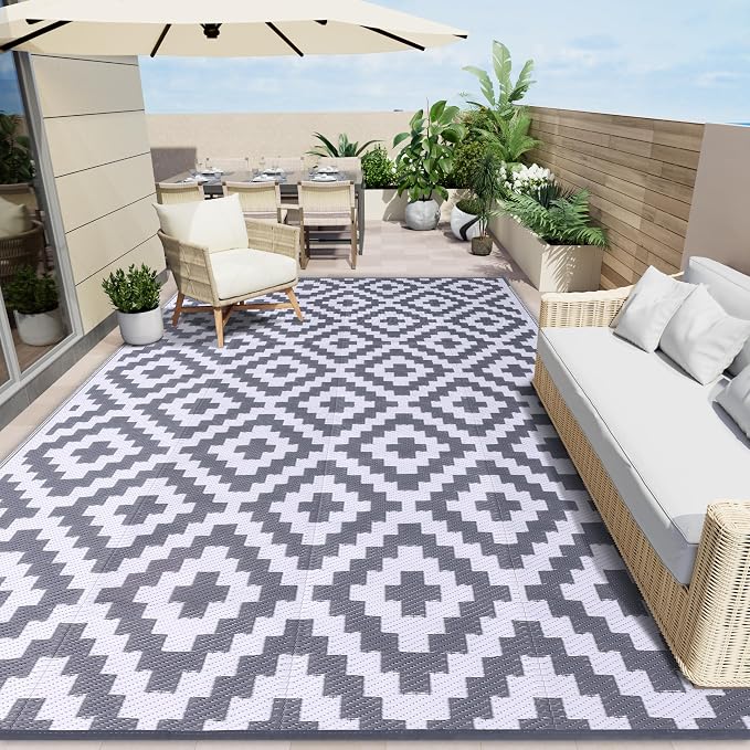 OLANLY Waterproof Outdoor Rug 8x10 ft, Outdoor Plastic Straw Rug for Camping, RV Mat Outside, Outdoor Carpet for Porch, Deck, Backyard, Balcony, Picnic, Grey & White