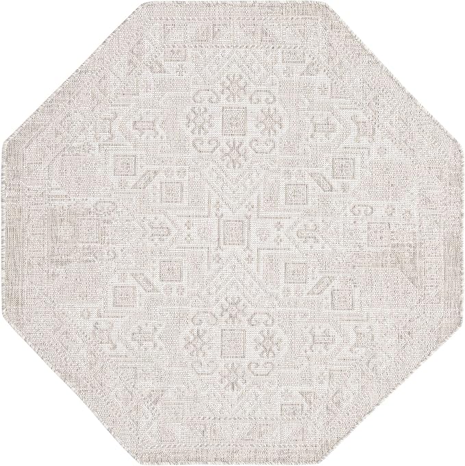 Unique Loom Outdoor Aztec Collection Area Rug - Coba (5' 3" Octagon, Light Gray/ Ivory)