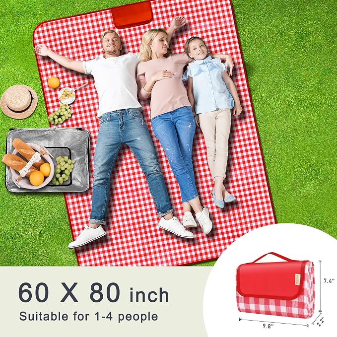 SAMSIER Outdoor Picnic Blankets Waterproof Foldable Sandproof, Large Gingham Cute Picnic Mat Washable Portable for Park Beach Camping Courtyard (Red, 60"×80")