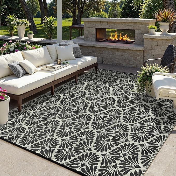 Lahome Outdoor Patio Rugs 8x10 Waterproof, Boho Outdoor Plastic Straw Rug for Porch, Stain Resistant Mats for Backyard Garden Deck Camping Outside, Black White,8'x10'