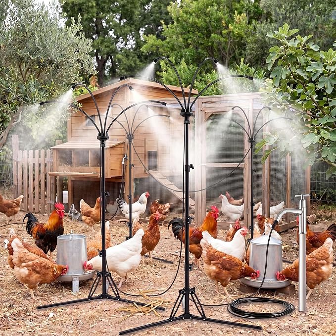 Pickmesh 4 Set Chicken Coop Mister Cooling System, 5.3ft Adjustable Standing Poultry Mister with 26ft Hose, 360° Outdoor Misting System for Chickens, Helps Keep Flocks Cooler During Hot Weather