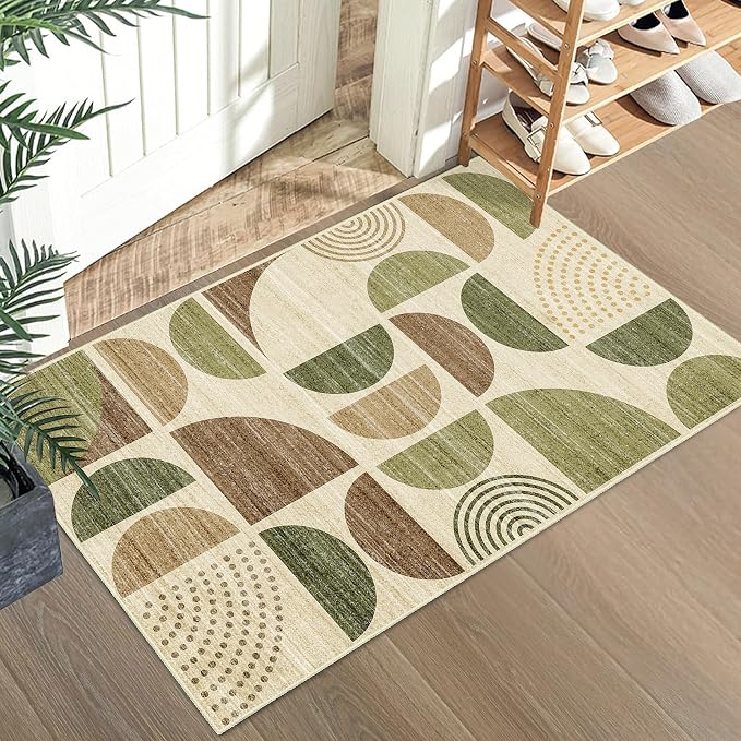 Small Rug Washable,2x3 Area Rugs Non Slip Modern Abstract | Throw Carpet for Entryway Bathroom Entry Entrance Bedroom Kitchen Boho Soft Low Pile Floor Indoor Vintage Green and Brown
