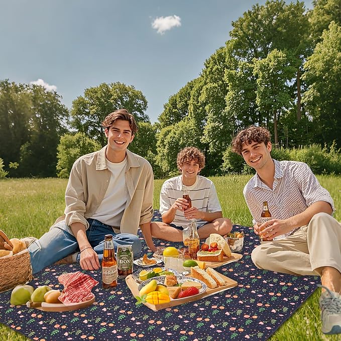 Outdoor Picnic Blanket Blue Floral 60"x80" Sandproof Beach Blanket Waterproof Picnic Blankets Foldable for Caming, Beach, Outdoor Activities.