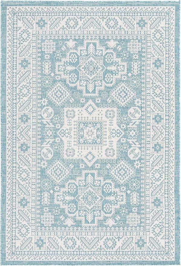 Unique Loom Outdoor Aztec Collection Area Rug - Chalca (6' 1" x 9' Rectangle, Aqua/ Ivory)