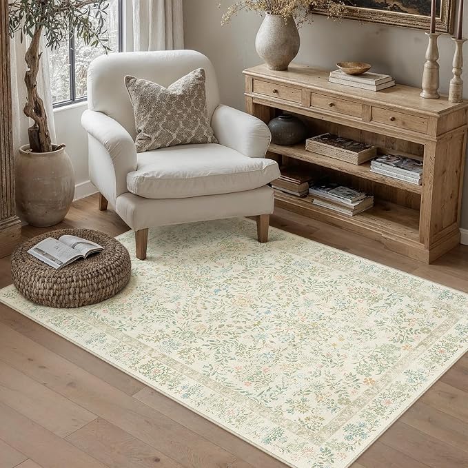 3x5 Light Green Floral Small Area Rug Vintage Farmhouse Style | Washable, Non Slip, Soft Low Pile, Indoor Carpet for Entryway, Bedroom, Nursery, Botanical Decor