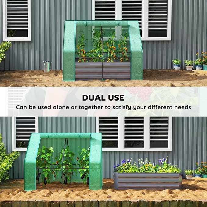 Outsunny 4 x 3ft Metal Planter Box with Mini Greenhouse, Galvanized Raised Garden Bed with Cover for Herbs and Vegetables, Small Greenhouse for Patio Garden Balcony, Green and Dark Gray