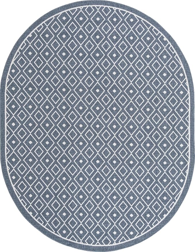 Unique Loom Outdoor Trellis Collection Area Rug - Kafes (7' 10" x 10' Oval, Navy Blue/ Ivory)