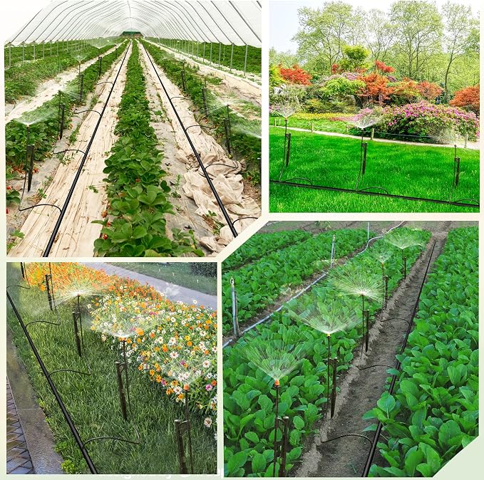 12 Sets 180° Drip Micro Spray Emitters with Sprinkler Stake, Drip Sprinkler Heads with Adjustable Riser 1/4" Irrigation Tubing and Barbed Coupler,Micro Sprinkler Assembly for Garden Irrigation System