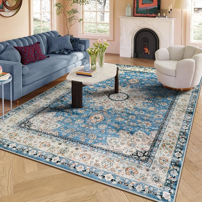 Lahome Felice Oriental Floral Medallion Area Rug, 8x10 Soft Large Rugs for Bedroom Aesthetic Dining Room Rug, Vintage Non Slip Low Pile Living Room Carpet for Family Room Foyer Den Office, Blue