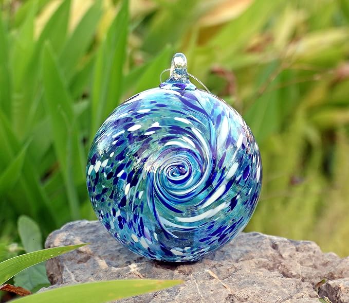 6-Inch Solar Powered Hanging Galaxy Glass Gazing Ball Outdoor Garden Decoration (Aqua-Blue)