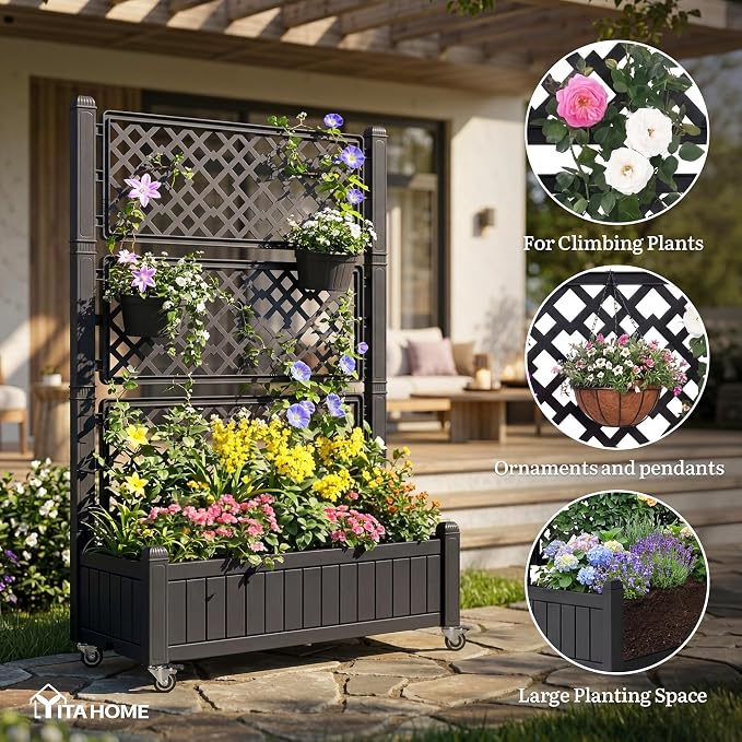 YITAHOME 43.3x17.7x61 in Planter Trellis Box with Wheels & Drain Plug, Outdoor Resin Raised Garden Bed for Climbing Plants, Large Weather-Resistant Design, Black