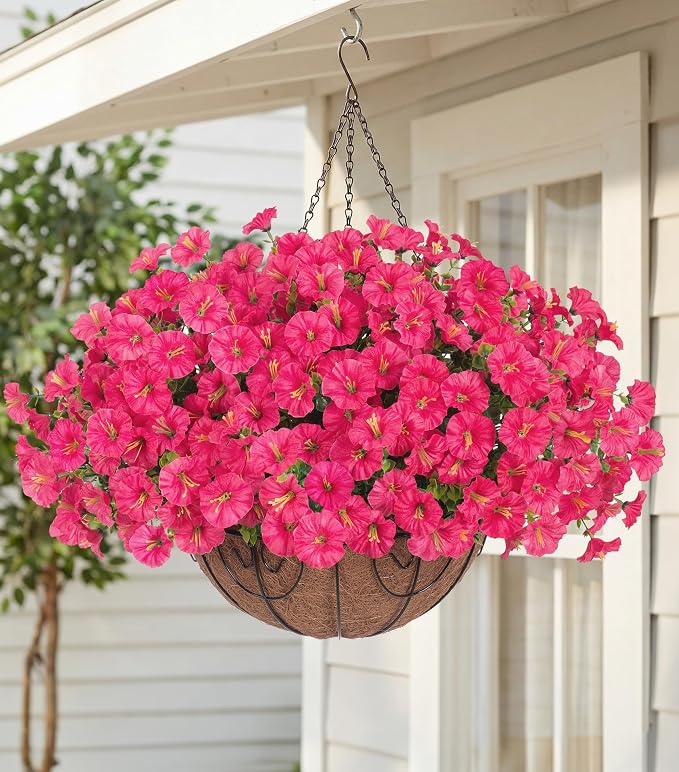 Artificial Fake Hanging Flowers Plants Baskets for Outdoors Spring Summer Decor, Faux Silk Morning Glory in Planter UV Resistant Realistic for Outside Porch Patio Balcony Garden Yard Home, Hotpink