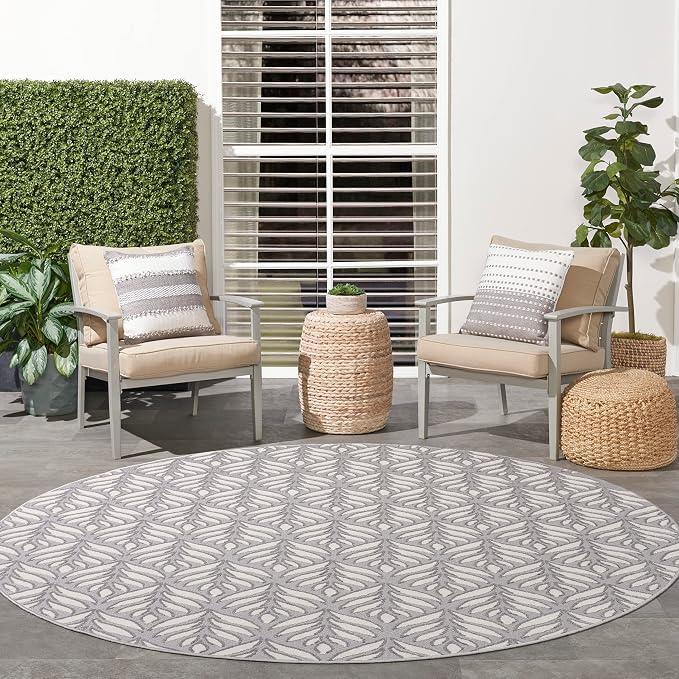 Nourison Home Aloha Indoor/Outdoor Grey 7’10” x Round Area Rug, Easy Cleaning, Non Shedding, Bed Room, Living Room, Dining Room, Backyard, Deck, Patio (8 Round)