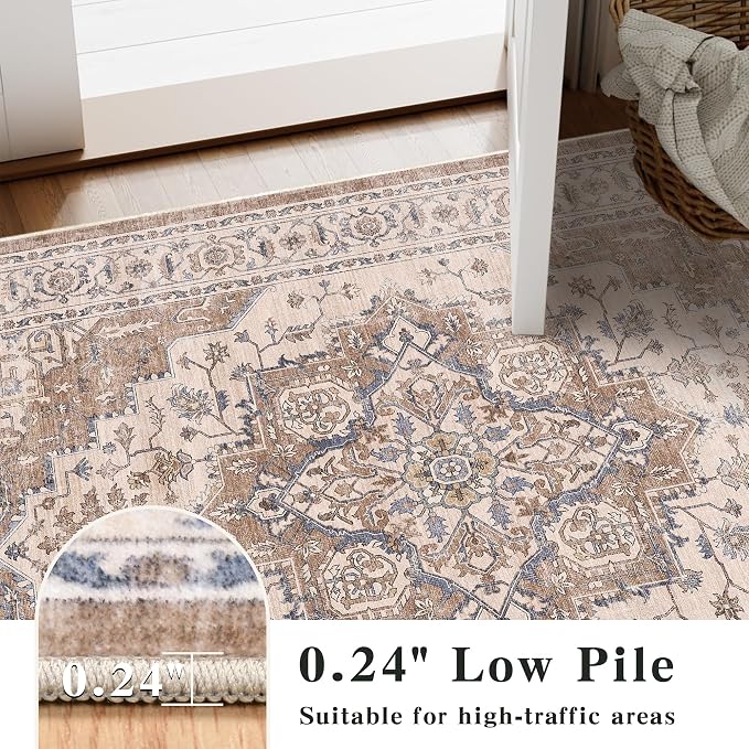 5x7 Area Rug for Living Room Soft Washable Vintage Boho Area Rug | Non-Slip, Retro Print, Low Pile, Stain Resistant, Soft Washable Brown Carpet, for Bedroom, Dining Room, Nursery, Home Office
