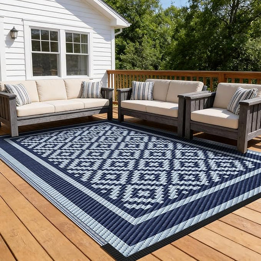 Kohree RV Outdoor Rug 9x12 Reversible, Waterproof Patio Mat with 4 Stakes & UV Fade Resistant, Non-Slip Outdoor Camping Mat for Deck, Picnic, Backyard, Includes Carry Bag (Blue)