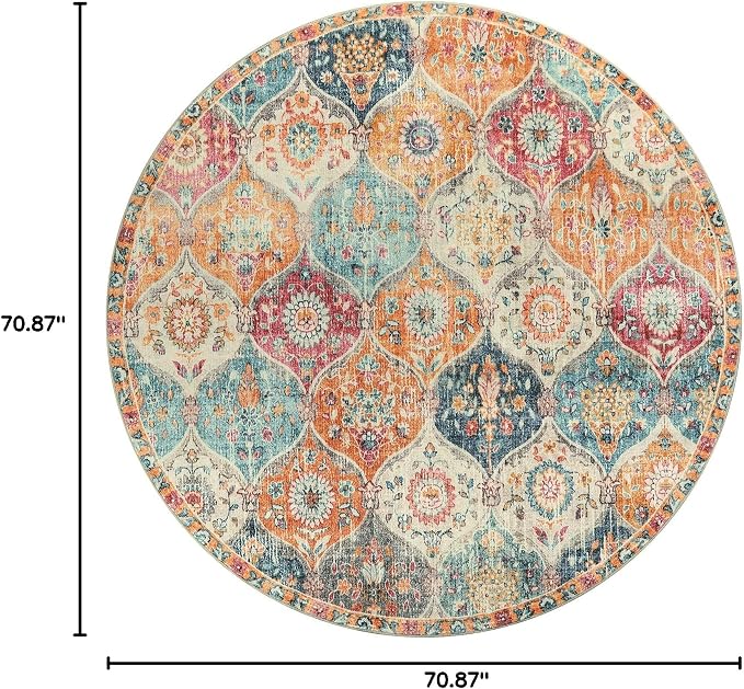 Lahome Moroccan Washable Round Area Rug, Soft Round Rugs 6ft Ultra-Thin Non-Slip, Vintage Distressed Large Circle Carpet for Bedroom Living Room Kitchen Nursery Elise, Burnt Orange