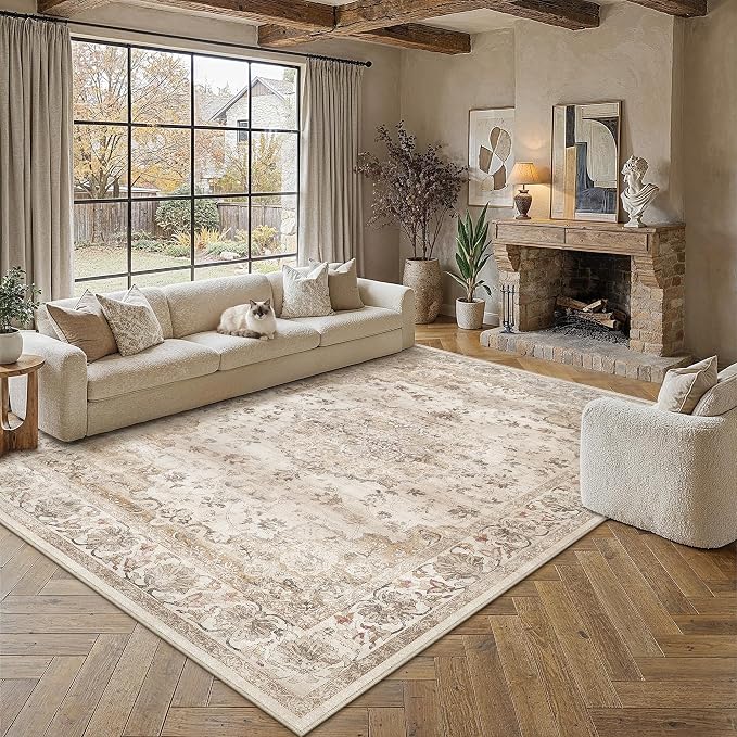 Beige Area Rug 10x14 Living Room Vintage Floral Non-Slip Carpet | Machine Washable, Soft, Low Pile, Distressed, Large for Bedroom, Dining Room, Office, Retro Neutral Decor