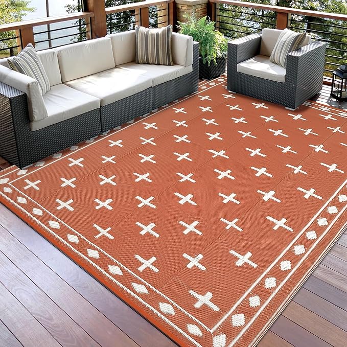Outdoor Rug 9x12 Modern Area Rugs for Indoor and Outdoor Patios and Porches - Waterproof, Washable, Non-Shedding, Easy-to-Clean Outside Carpet，Orange/White
