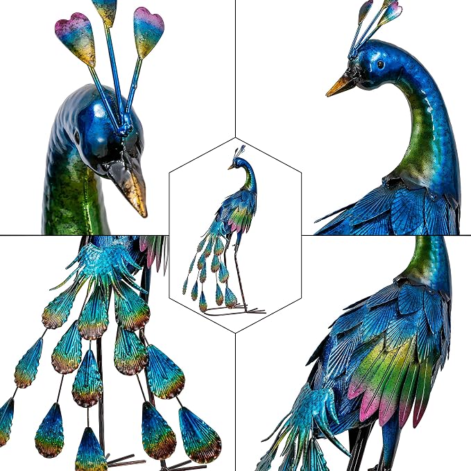 TERESA'S COLLECTIONS Garden Decor, Peacock Yard Decor, Elegant Peacock with Colorful Painting,18", Waterproof Metal Outdoor Statues, Garden Gifts, Birthday Gifts for Women Mom
