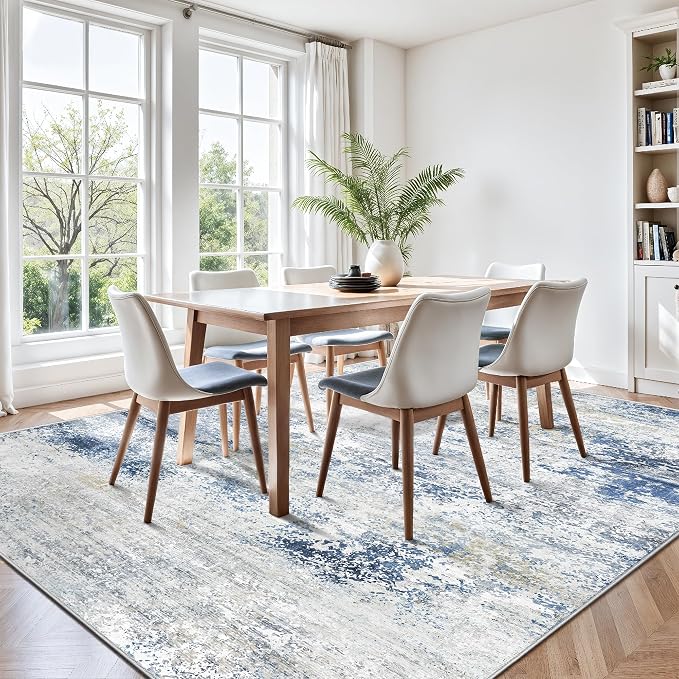 8x10 Area Rugs, Abstract Modern Ultra Soft Washable Rug, Non Slip Carpet with Rubber Back Stain Resistance Rugs for Living Room, Bedroom, Dining Room Decor(Blue & White)