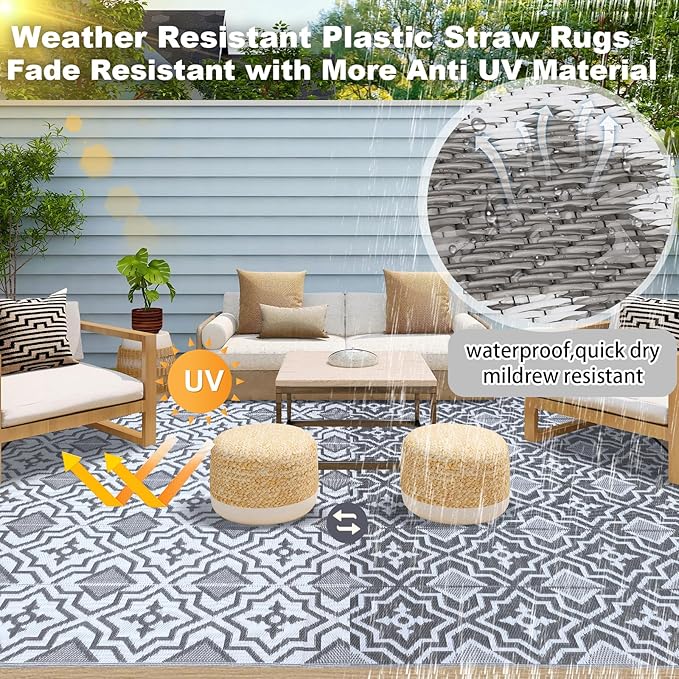 Alfolo Outdoor Rug 9x12 for Patios Clearance,Outdoor Plastic Straw Rug,Waterproof Camping Rugs for Outside Your Rv, Deck, Porch,Beach,Picnic,Pool Grey Recyclable,Easy Cleaning Outside Mats with a Bag