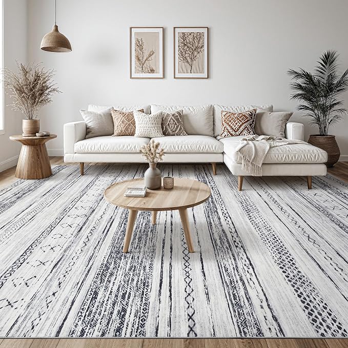 Tortania Area Rug Living Room Rugs - 8x10 Washable Large Soft Neutral Boho Moroccan Bohemian Farmhouse Rug Indoor Floor Carpet for Bedroom Under Dining Table Home Office Decor - Grey