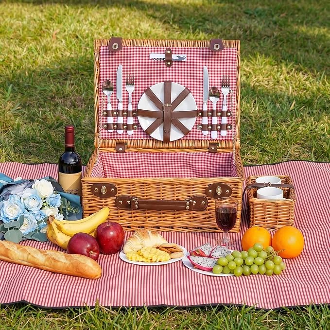 Multifunctional Wicker Picnic Basket Set for 2 Adults with Picnic Table and Blankets,Large Insulated Picnic Set with Wine Pouch and Full Tablewares for Camping Outdoor Couples Beach Wedding,Pink