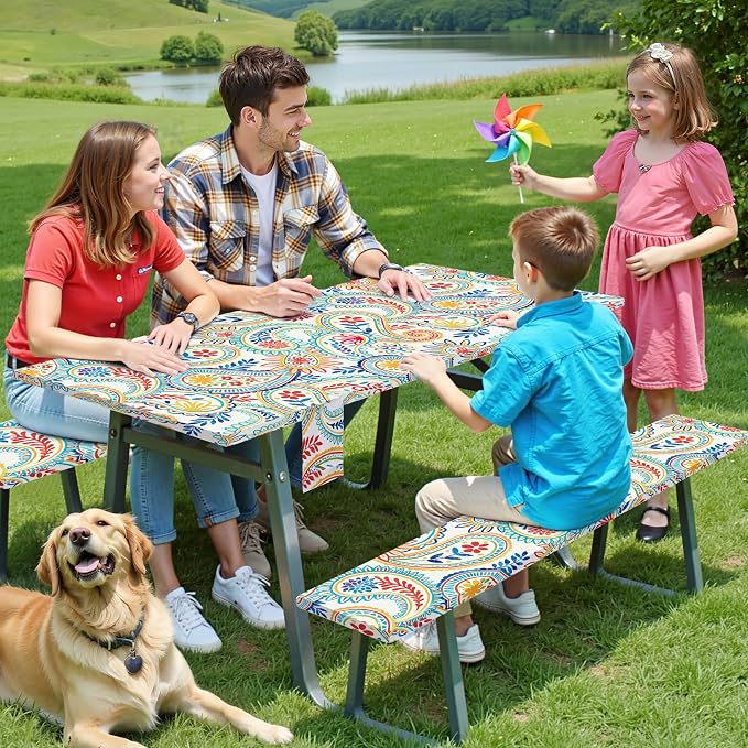 Picnic Table Cover with Bench Covers Elastic,Fitted Table Cloths for Rectangle Tables 6 Foot Washable,Waterproof Tablecloth for Outdoor Camping Essentials Accessories(6 Foot,Paisley