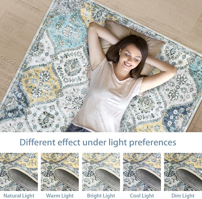 ROYHOME Washable Area Rug Moroccan Trellis Entryway Rug Doormat, 2' x 3' | Stain Resistant Non-Slip Accent Rug Vintage Medallion Distressed Floor Carpet for Front Entrance Kitchen, Blue/Yellow