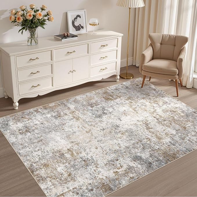 UERMEI 4x6 Area Rug Living Room Rugs Washable Neutral Brown Grey Carpet | Modern Abstract Non-Slip Soft Low Pile Floor Rugs for Bedroom Dining Room Home Office Indoor Decor
