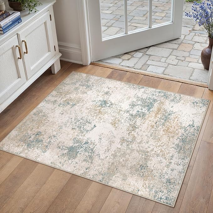 2x3 Beige Blue Modern Abstract Washable Area Rug for Entryway | Low Pile, Non Slip, Modern Abstract Style, Soft Indoor Rug for Entryway, Kitchen, Bathroom, Door Mat, Home Decor