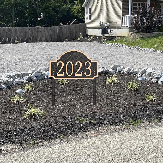 Personalized Address Sign LAWN MOUNTED - Custom House Number Sign Plaque,Address Plaque,House Numbers for Lawn Outside,Yard,Ground,Garden,Drive Way Free Standing with Stakes Metal (Rose Gold)