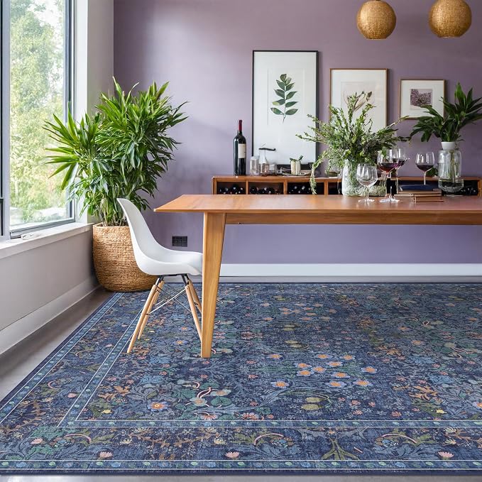 Washable Dark Blue Rug for Living Room - 9x12 Large Area Rug for Dining Room Under Table, Bedroom, Soft Low Pile Non-Slip Stain Resistant Carpet - Vintage Navy Floral Design