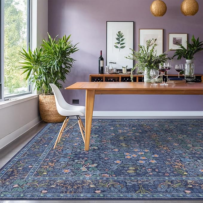 Washable Dining Room Rugs for Under Table - 7x9 Dark Blue Oriental Area Rug for Living Room, Low Pile Non-Slip Floor Carpet for Bedroom Under Bed - Vintage Design & Stain Resistance (7x9 Dark Blue)