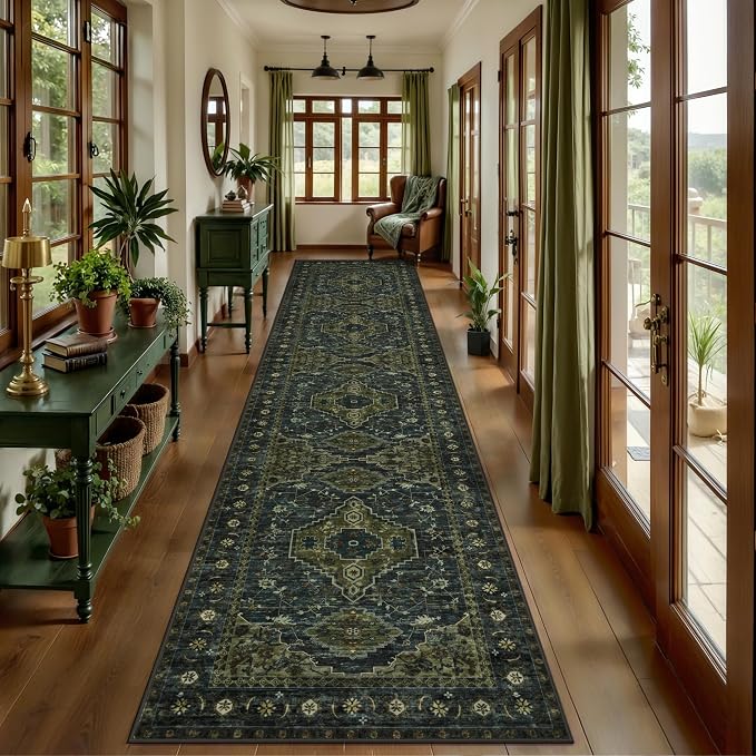 Tangsoo Oriental 2.6x12 Washable Hallway Runner Rug,Green Non Slip Long Rug | Vintage Soft Low Pile Rug Runner, Boho Print Carpet Runners for Hallway Kitchen Bedroom Entryway Living Room Olive Green