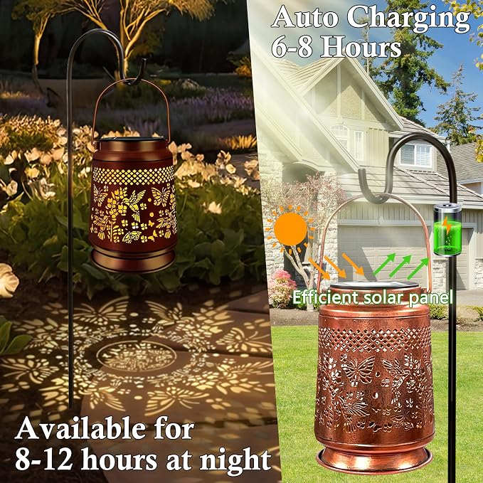 KY&BOSAM Hummingbird & Butterfly Solar Lanterns Outdoor Garden Decor | Retro Appearance,Old Gold Color Metal Hanging Solar Lights Gifts for Women Mom Grandma Outside for Yard,Patio,Backyard,Porch