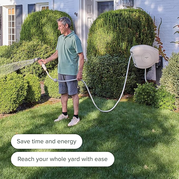 HOSELINK Classic Beige 82ft Hi-Flow Automatic Retractable Garden Hose Reel, 9/16”, 8-Pattern Spray Nozzle, UV-Stabilized Kink-Free Hose, Wall Mounted Watering Solution for Backyard, Garden & Outdoor