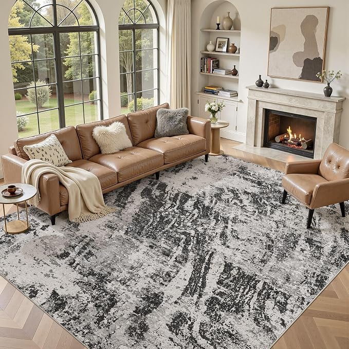 DMOYEST 10x12 Area Rug for Living Room Washable Abstract Indoor Carpet | Neutral Modern Low Pile Rugs Kid & Pet Friendly Large Soft Thin Carpet for Bedroom Dining Room and Office - Light Black