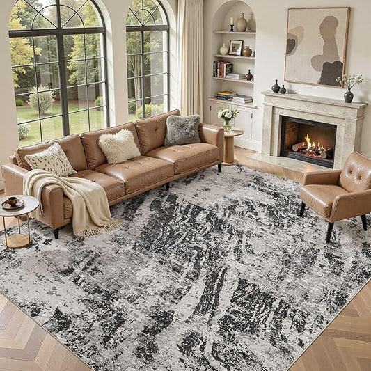 DMOYEST 9x12 Area Rug for Living Room Washable Abstract Indoor Carpet | Neutral Modern Low Pile Rugs Kid & Pet Friendly Large Soft Thin Carpet for Bedroom Dining Room and Office - Light Black