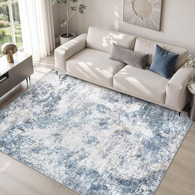 DMOYEST 5x7 Area Rug for Living Room Washable Abstract Indoor Carpet | Neutral Modern Low Pile Rugs Kid & Pet Friendly Soft Thin Carpet for Bedroom Dining Room and Office - Blue