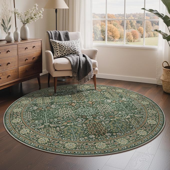 5ft Round Area Rug 5x5, Washable Non Slip, Forest Green | Vintage Floral Circle Design, Spill Resistant Lightweight Low Pile Non-Shedding Carpet for Bedroom, Nursery, Kitchen