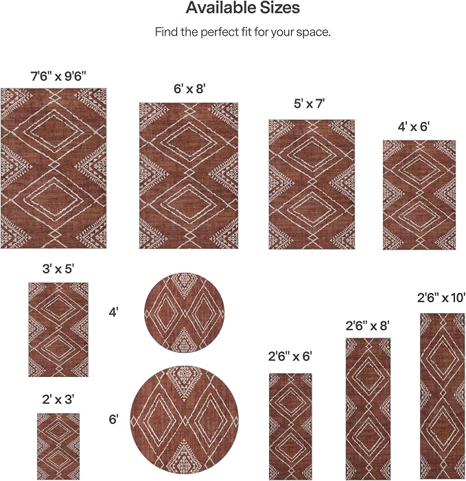Machine Washable Area Rug - Living Room Bedroom Bathroom Kitchen Entryway Office - Padded Crease Free Stain Resistant Premium - Moroccan Tribal Diamond - Jax- Orange - 2'x 3'