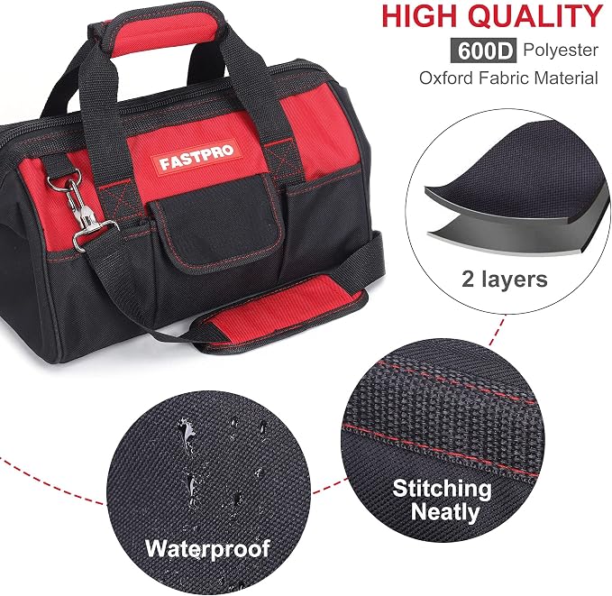 FASTPRO 14-Inch Zip-top Wide Mouth Open Storage Tool Bag, Classic Black&Red Design, Fashionable Design, 600D Polyester Fabric Material for Quality Endurance, With Adjustable Shoulder Strap