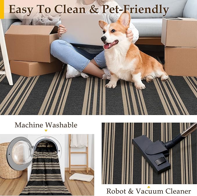 PureCozy Striped Easy Jute Rug 3x5 Black Entryway Carpet Washable Non Slip Office Door Mat Farmhouse Neutral Non Shedding Small Indoor Outdoor Rug for Bathroom Kitchen Bedroom Living Room