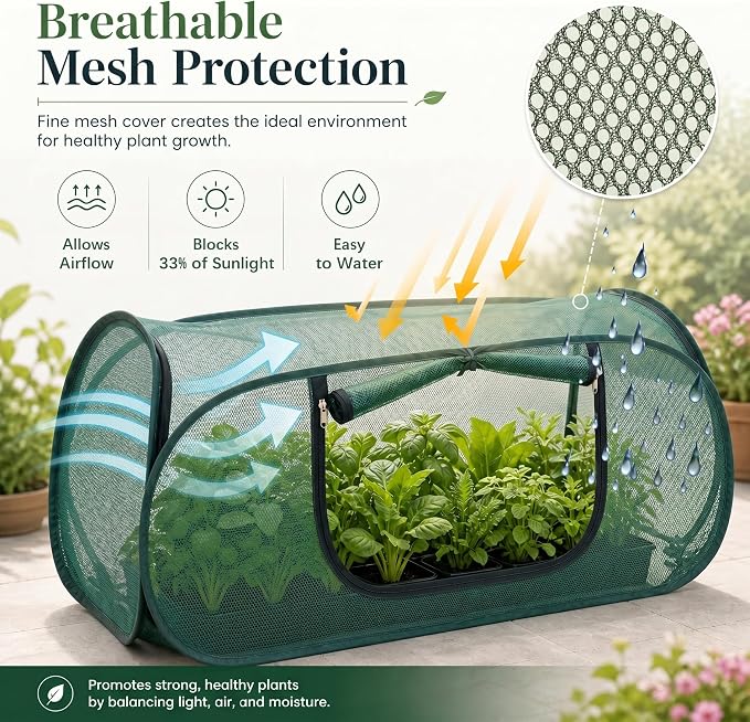 4 Pack Pop Up Mesh Plant Cover, 33% Sunblock Garden Covers for Raised Beds, Breathable Garden Netting for Raised Beds with 16 Stakes for Protecting Seedlings Fruits(44 x 22 x 17.5 in)