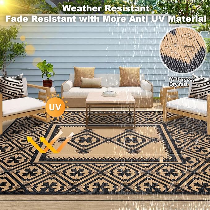 Alfolo Outdoor Rugs 9x12 for Patios Clearance Brown Outdoor Plastic Straw Rug Black and Brown Outdoor Rug Waterproof Reversible Outside Mat with Durable Edges Double Woven Patio,Porch,Rv Camping Rug