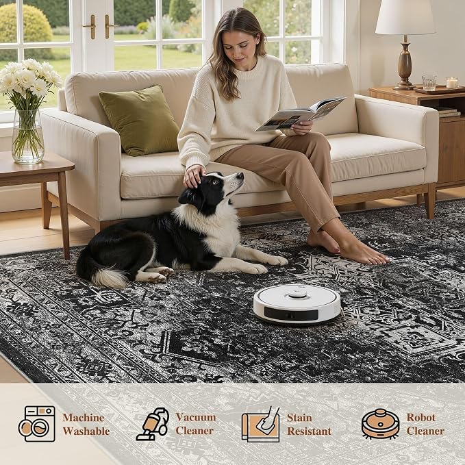 UERMEI 9x12 Area Rug Living Room Rugs - Washable Vintage Soft Large Rug Indoor Floor No Slip Rug Carpet for Bedroom Farmhouse Under Dining Table Home Office Decor - Black